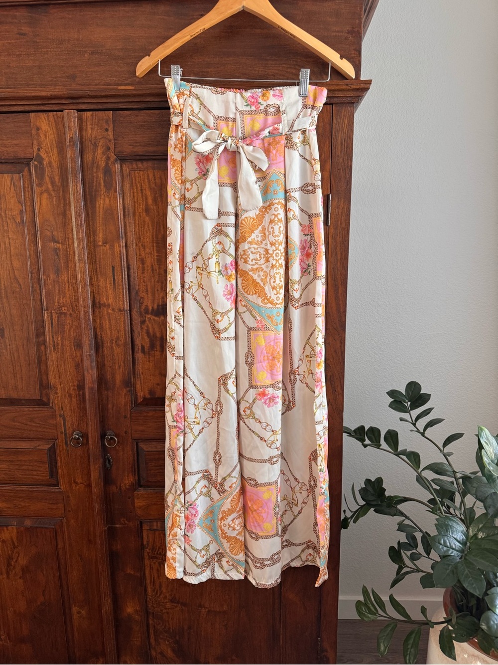 Veinti6 Chain Print Wide Leg Pants Tie Front Palazzo Trousers